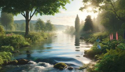Paesaggio nella natura con fiume circondato dal verde